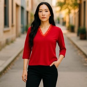 Venue Red V-Neck Sweater with Sheer Mesh Trim Size Medium